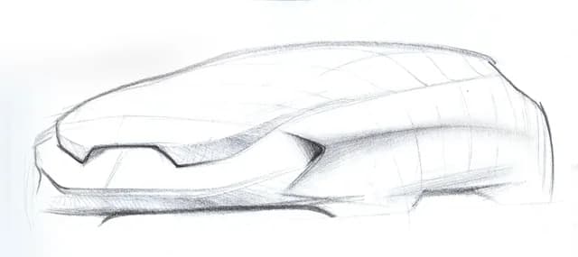 Early front-fascia and volume study. From Monica Motamedi’s supplied Concept / Sketch archive.
