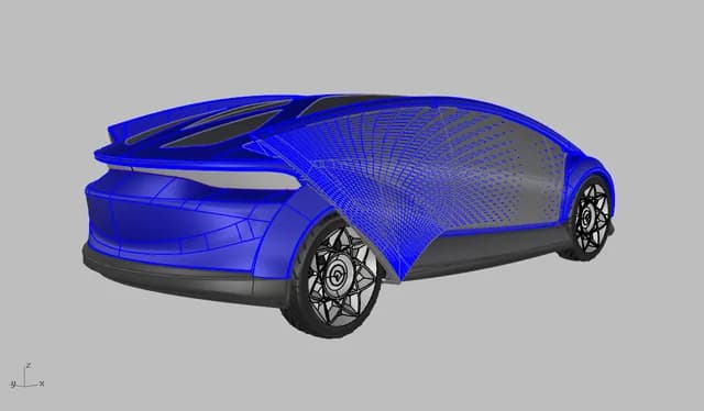 Digital 3D model, rear three-quarter view. From Monica Motamedi’s supplied Concept / 3D Model archive.