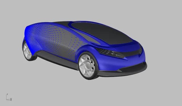 Digital 3D model, front three-quarter view with alternate wheel treatment. From Monica Motamedi’s supplied Concept / 3D Model archive.