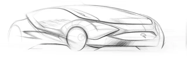 Side-profile sketch with wheel and body-surface study. From Monica Motamedi’s supplied Concept / Sketch archive.