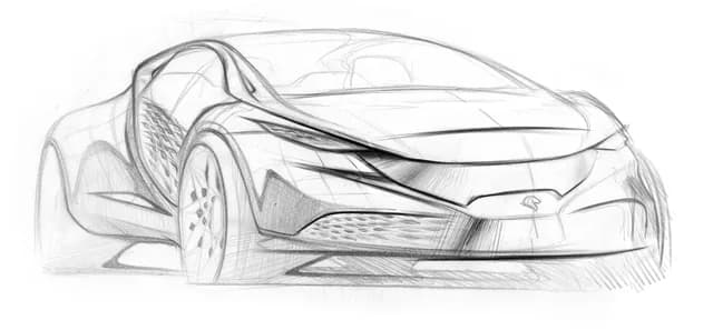 Front three-quarter study of a crossover-like vehicle concept. From Monica Motamedi’s supplied Concept / Sketch archive.