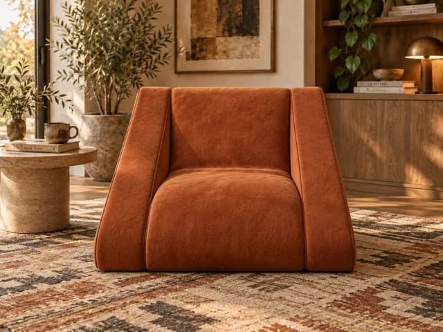 Front view of the terracotta lounge chair and its upholstered volumes. From Monica Motamedi’s supplied Furniture Design / September 2026 update archive.