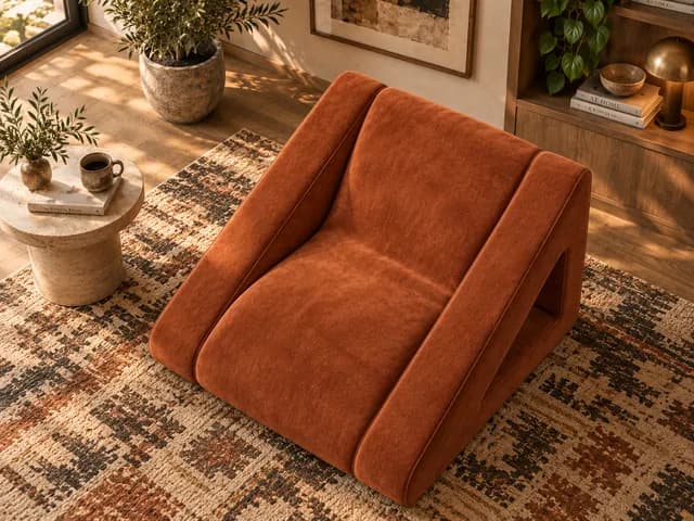 Terracotta lounge chair shown from an elevated three-quarter view. From Monica Motamedi’s supplied Furniture Design / September 2026 update archive.