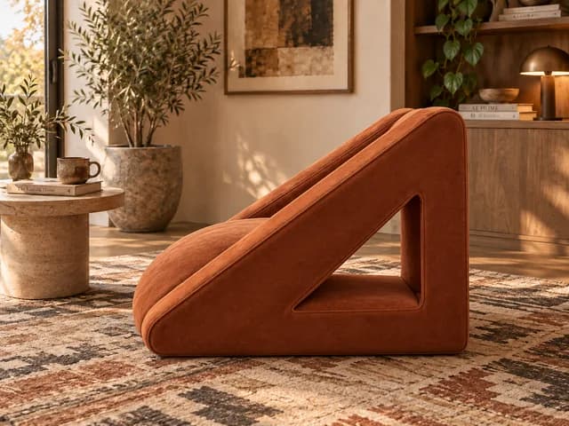 Terracotta lounge chair side profile highlighting its triangular opening. From Monica Motamedi’s supplied Furniture Design / September 2026 update archive.