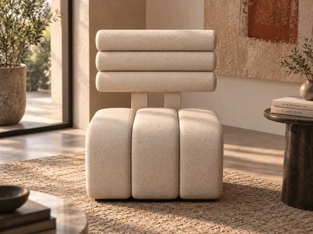Front view of the ivory modular chair with segmented seat and backrest. From Monica Motamedi’s supplied Furniture Design / September 2026 update archive.